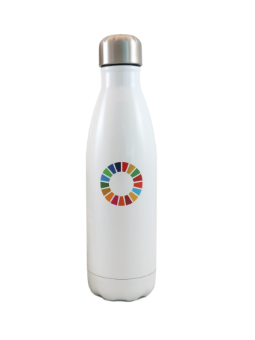 An image of a white stainless-steel water bottle with SDG wheel logo printed on it.