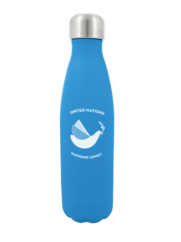 An image of a blue stainless-steel water bottle with the words United Nations and a peace dove printed on it. 