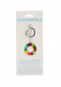 A picture of a SDG Wheel Charm with packaging, front view