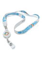 A picture of the white SDG Lanyard with logos on the strap from front  angle