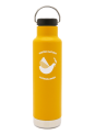 A picture of the Klean Kateen, yellow bottle with Peace Dove logo printed in white on the surface.