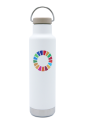 A picture of a Klean Kanteen white water bottle with the SDG wheel printed on the front
