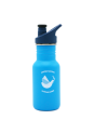 A picture of the Klean Kateen, blue kids bottle with Peace Dove logo printed in white on the surface.