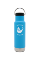 A picture of a blue Klean Kanteen bottle with UN Dove printed on the surface